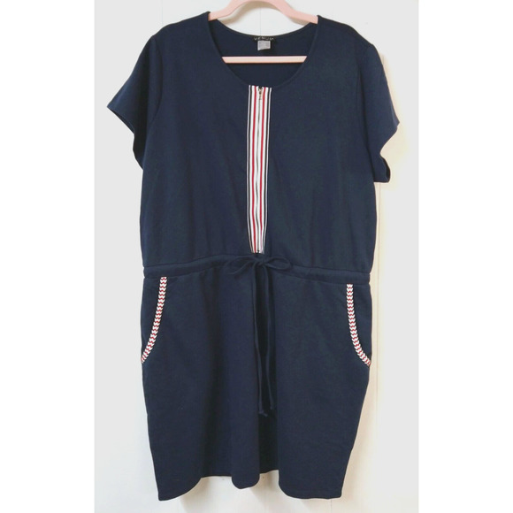 Venus WM 2X Dress Blue Front Zip Closure 2 Pocket Short Sleeve Drawstring Waist - Picture 1 of 5